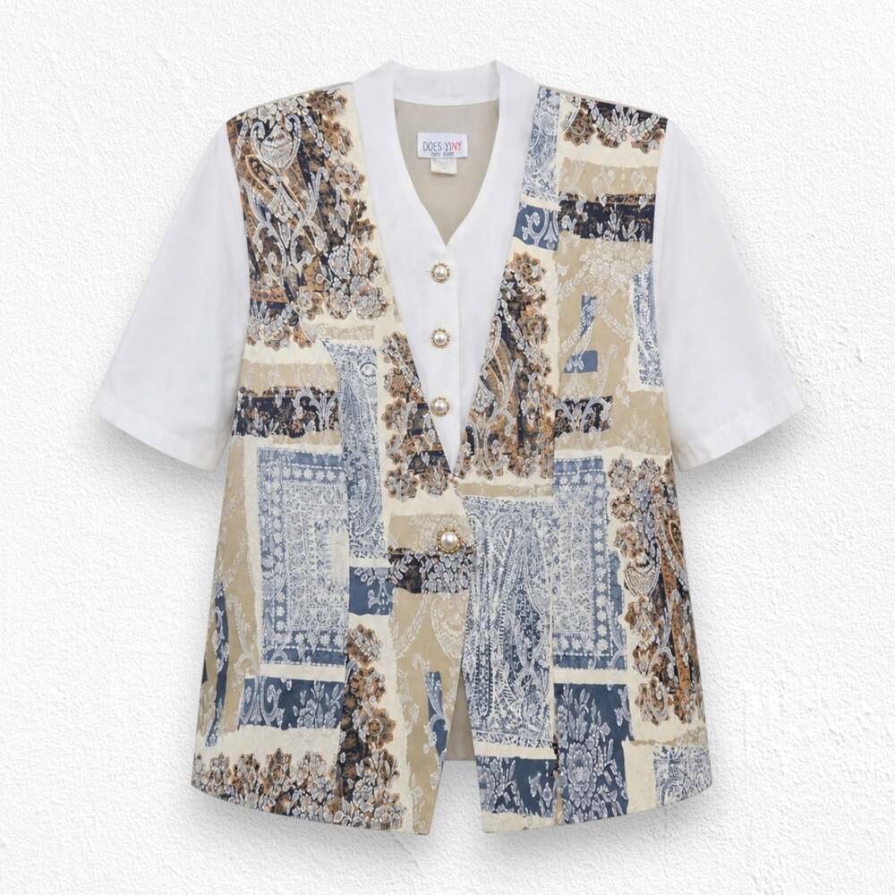 Vintage Beige White Paisley Short Sleeve Pearl Buttons Vest Blouse Size 18W